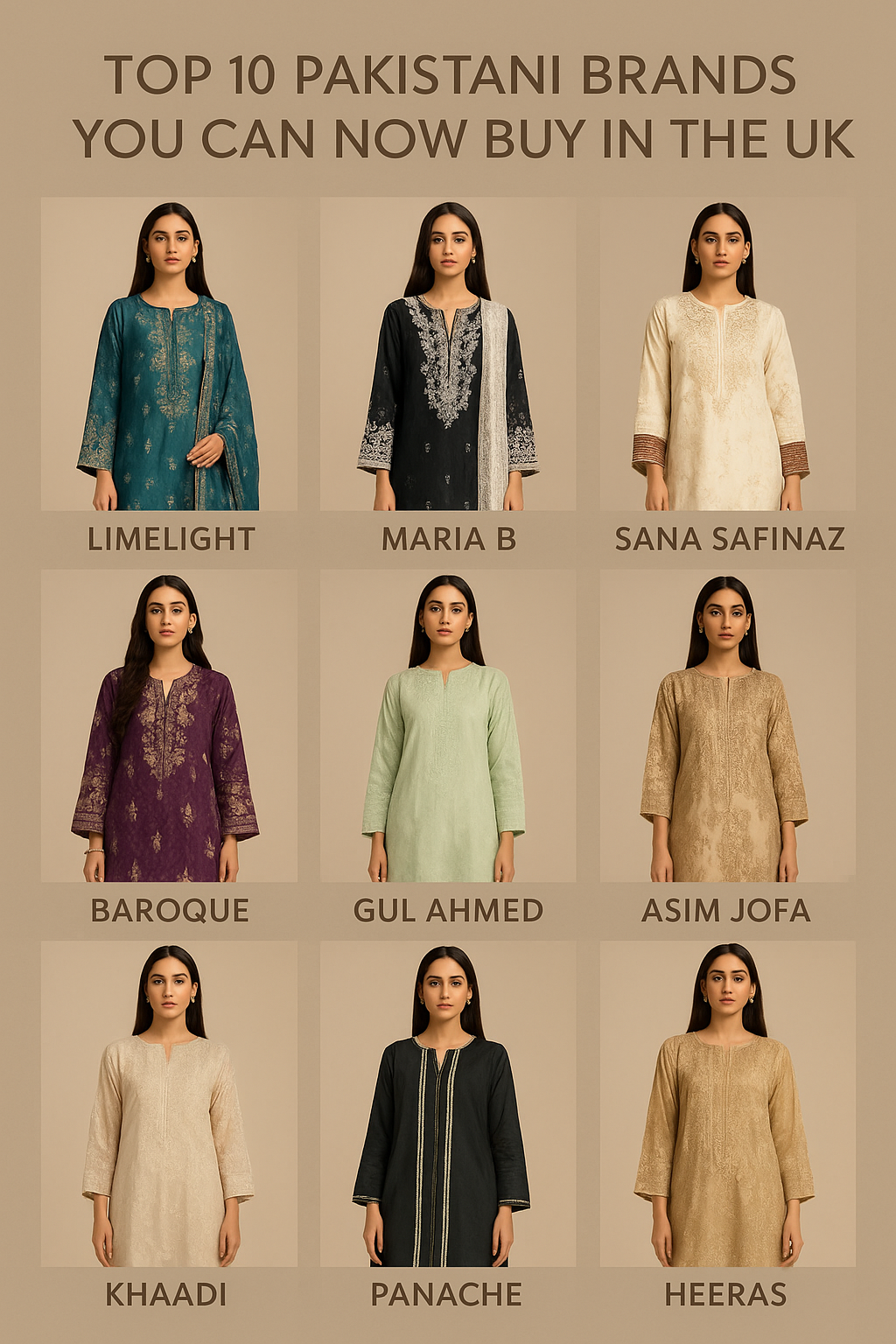 A collage showing 10 Pakistani designer outfits from brands like Maria B, Sana Safinaz, Limelight, and others.