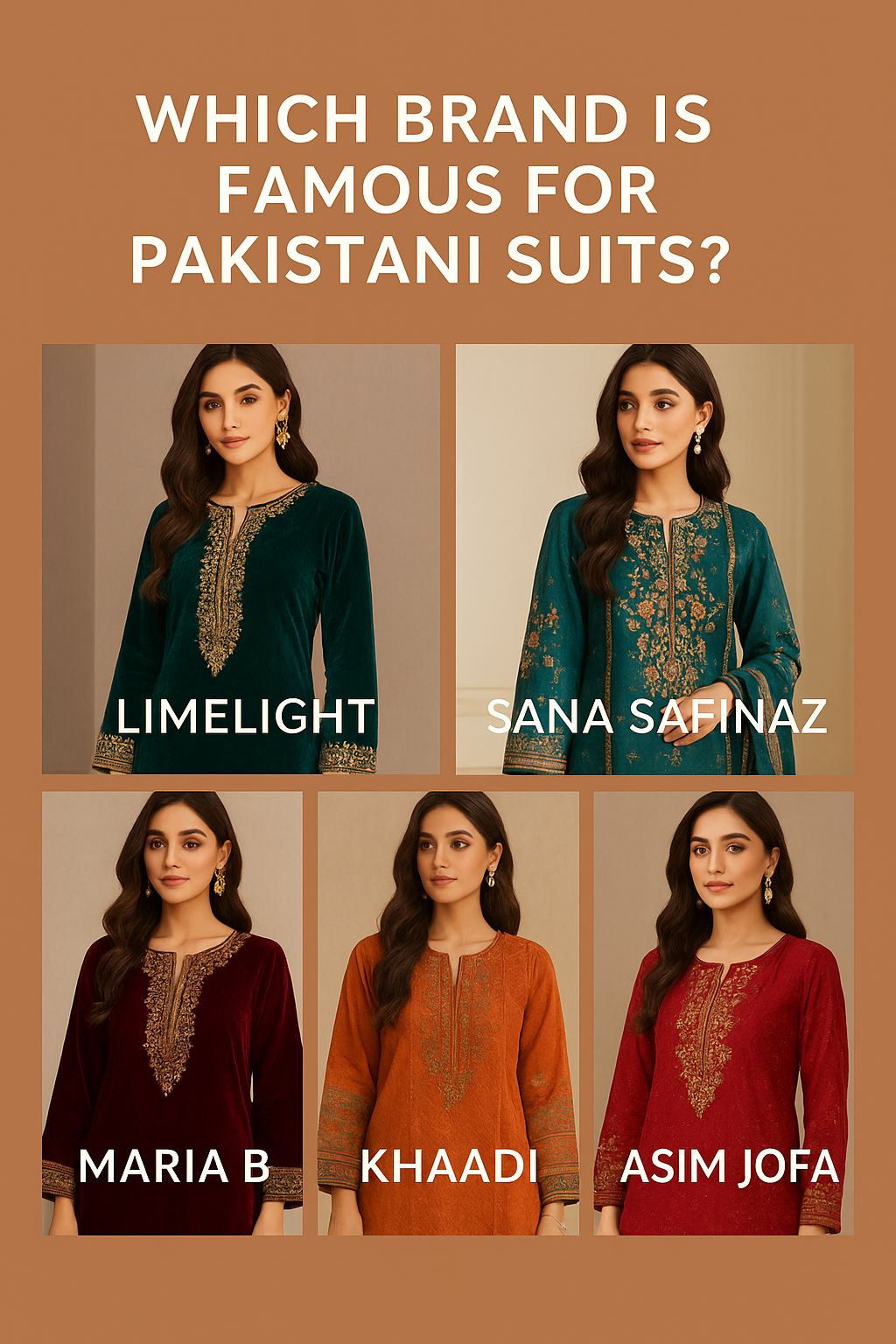 Pakistani velvet suits in rich jewel tones, each representing a popular Pakistani fashion brand: Limelight, Sana Safinaz, Maria B, Khaadi, and Asim Jofa