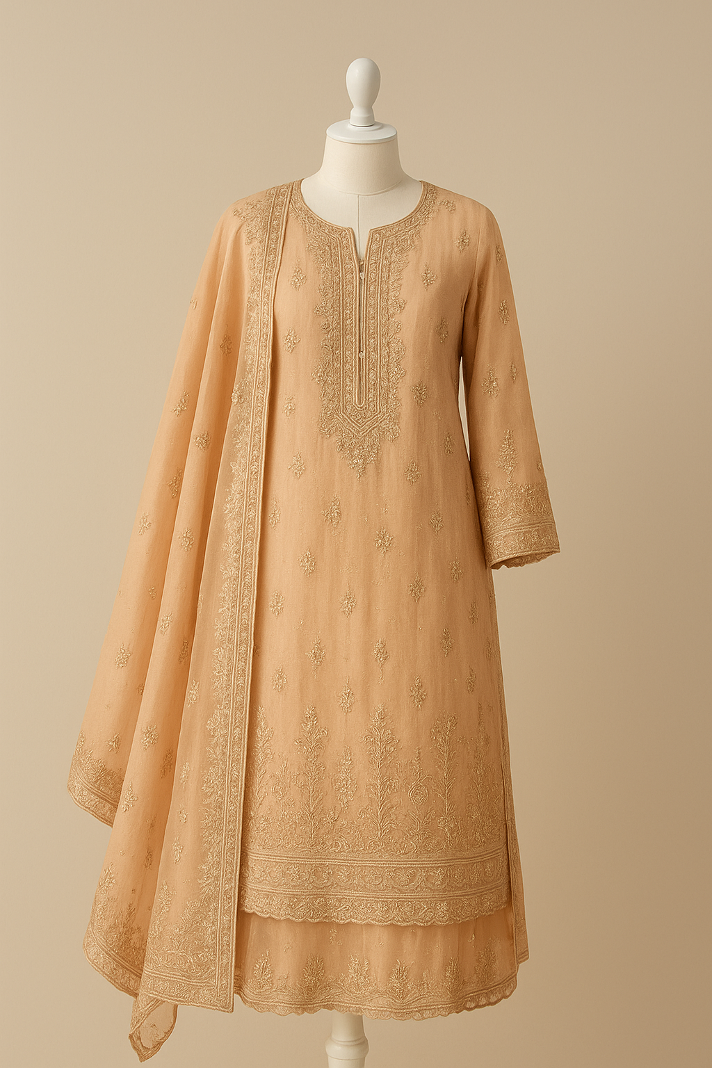 Embroidered Pakistani designer chiffon suit in peach displayed on a mannequin with detailed neckline and dupatta — premium ready-made Pakistani outfit for UK shoppers