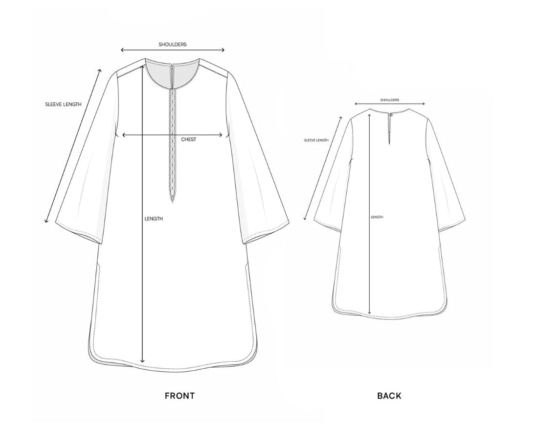 Image showing how to measure Pakistani branded clothes shoulders chest hips length sleeve length 