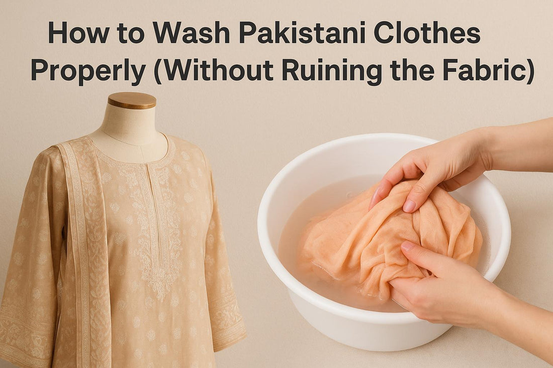 A woman hand-washing a Pakistani embroidered suit, demonstrating safe cleaning methods.