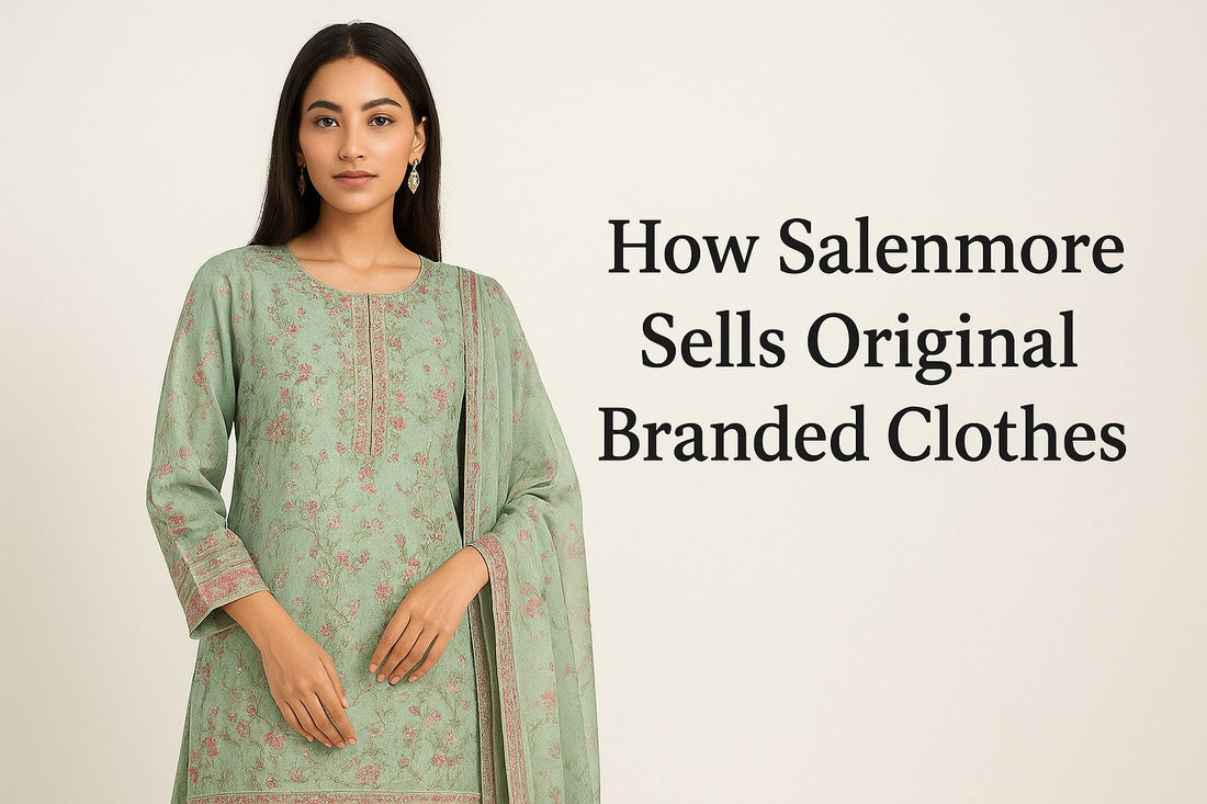 Pakistani woman wearing a designer embroidered green suit with dupatta, used as a header image for Salenmore’s blog about selling original branded Pakistani clothes.