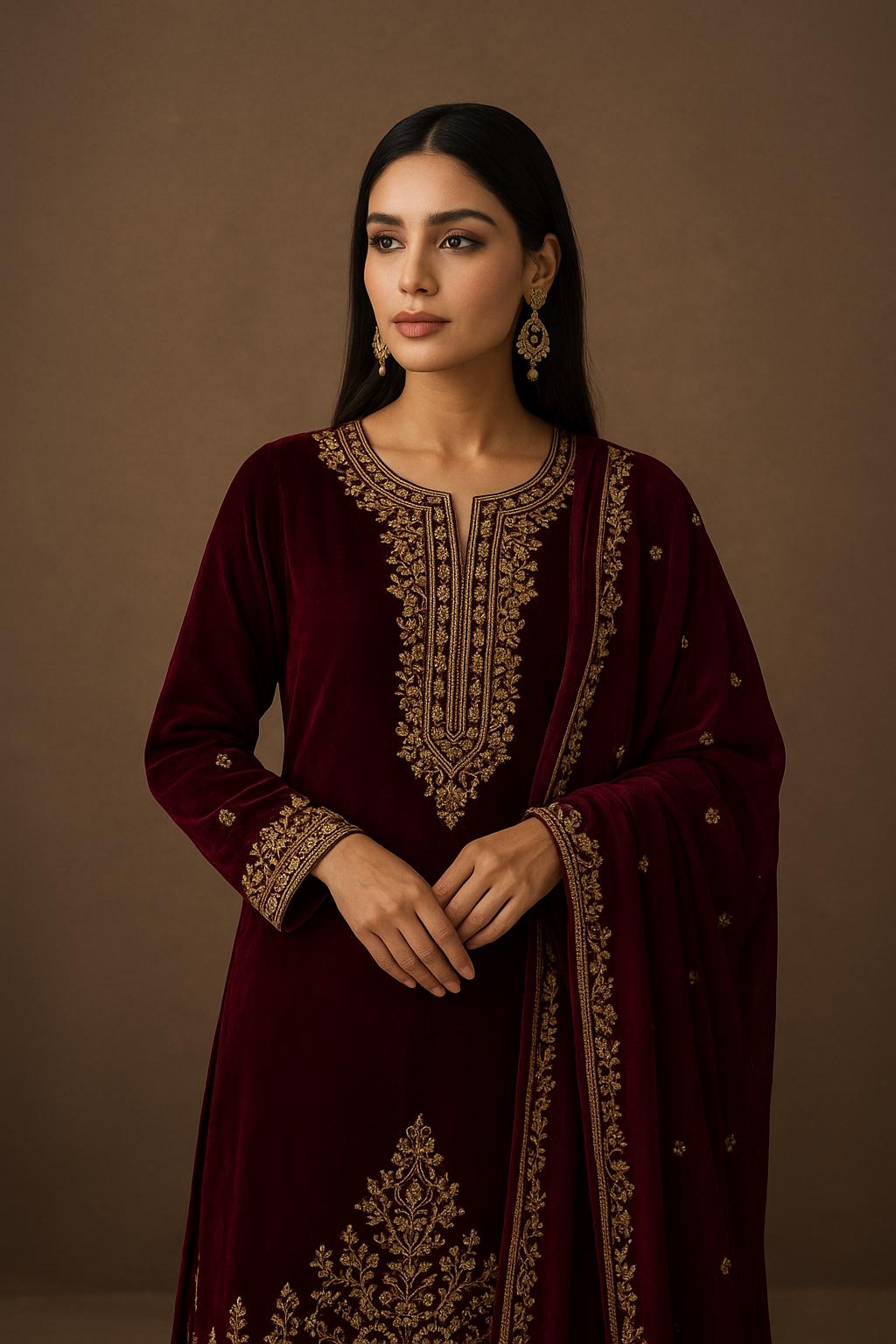Model wearing a luxurious maroon velvet Pakistani suit with intricate gold embroidery, showcasing traditional South Asian craftsmanship and elegant fashion styling