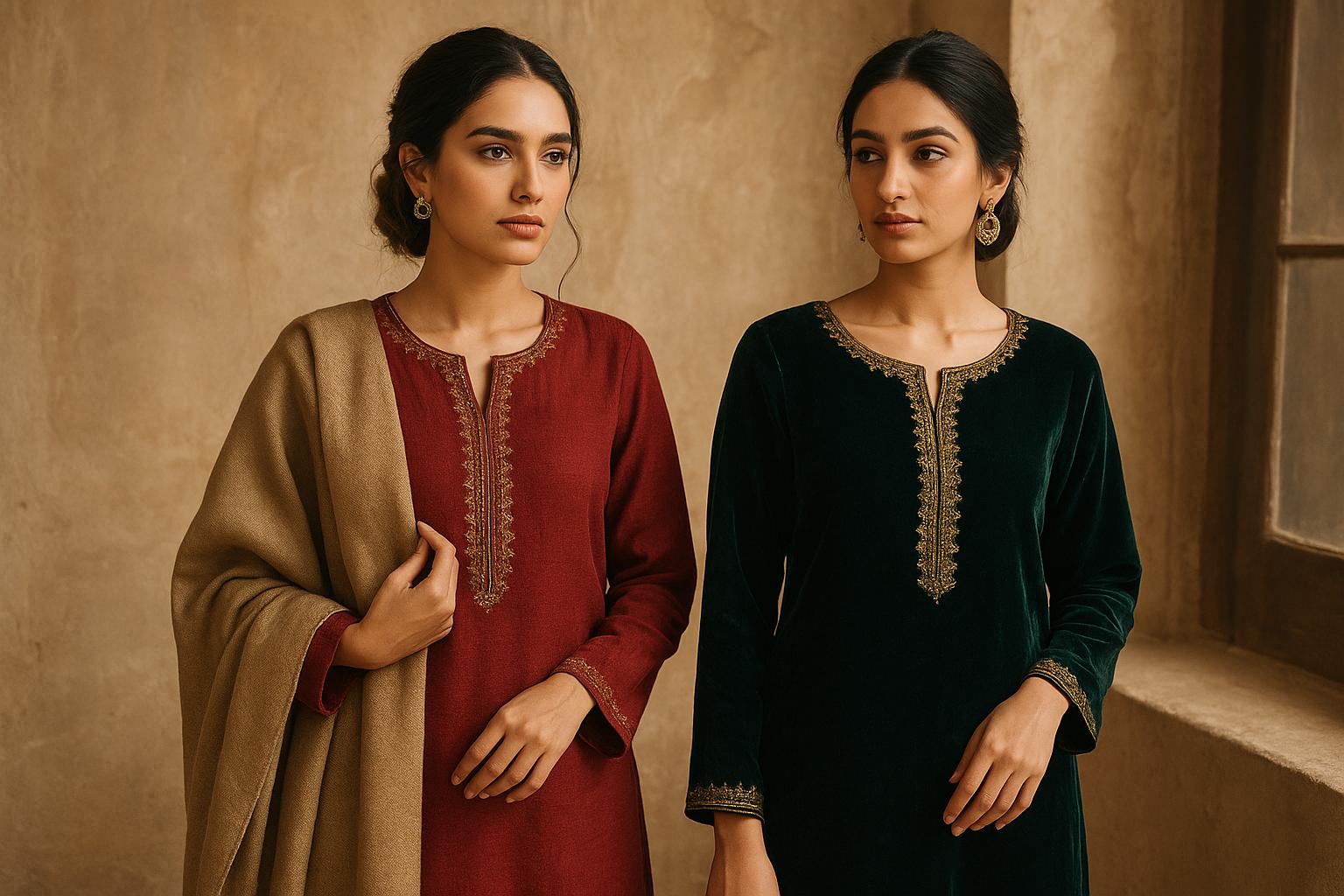akistani winter suits in red khaddar and green velvet with gold embroidery