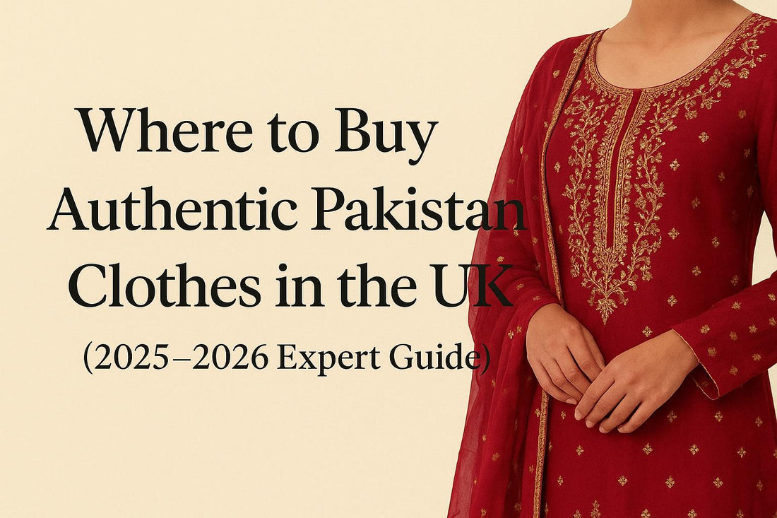 Banner image for Where to Buy Authentic Pakistani Clothes in the UK (2025–2026 Guide), featuring a red embroidered Pakistani suit on a beige background.