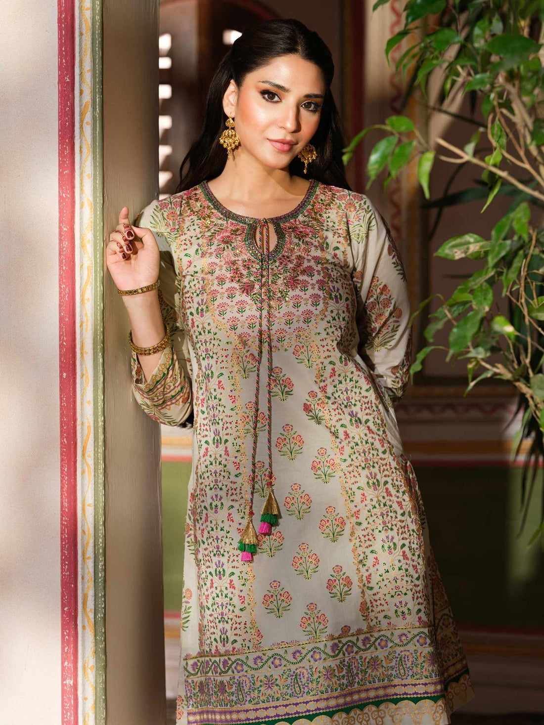 Limelight Pakistani printed suit for women – elegant floral design with tassel neckline, traditional Pakistani outfit UK.