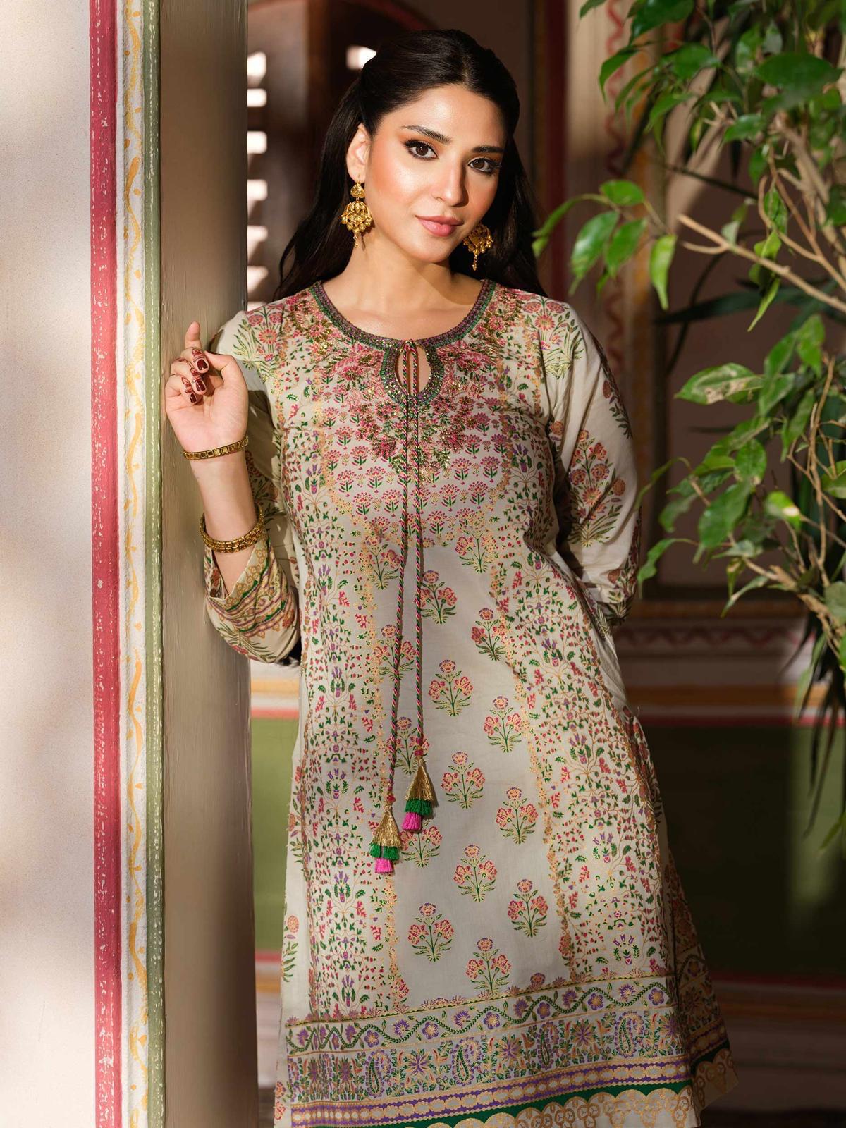 Limelight Pakistani printed suit for women – elegant floral design with tassel neckline, traditional Pakistani outfit UK.
