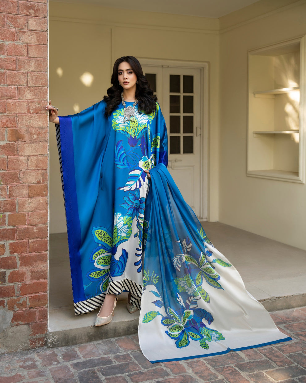 Karma 3 piece Kaftan azure Blue Printed Shamoz Silk 3PC Suit – Elegant Long Shirt with Dupatta & Trouser
Inner included