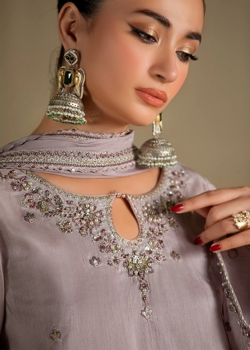 Lavender Embroidered Raw Silk Short Kurta with Farshi Shalwar & Silk Dupatta
