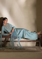 Ice Blue lue Embroidered 3-Piece Suit – KH Raw Silk Kurta, Flared Trouser & Net Dupatta