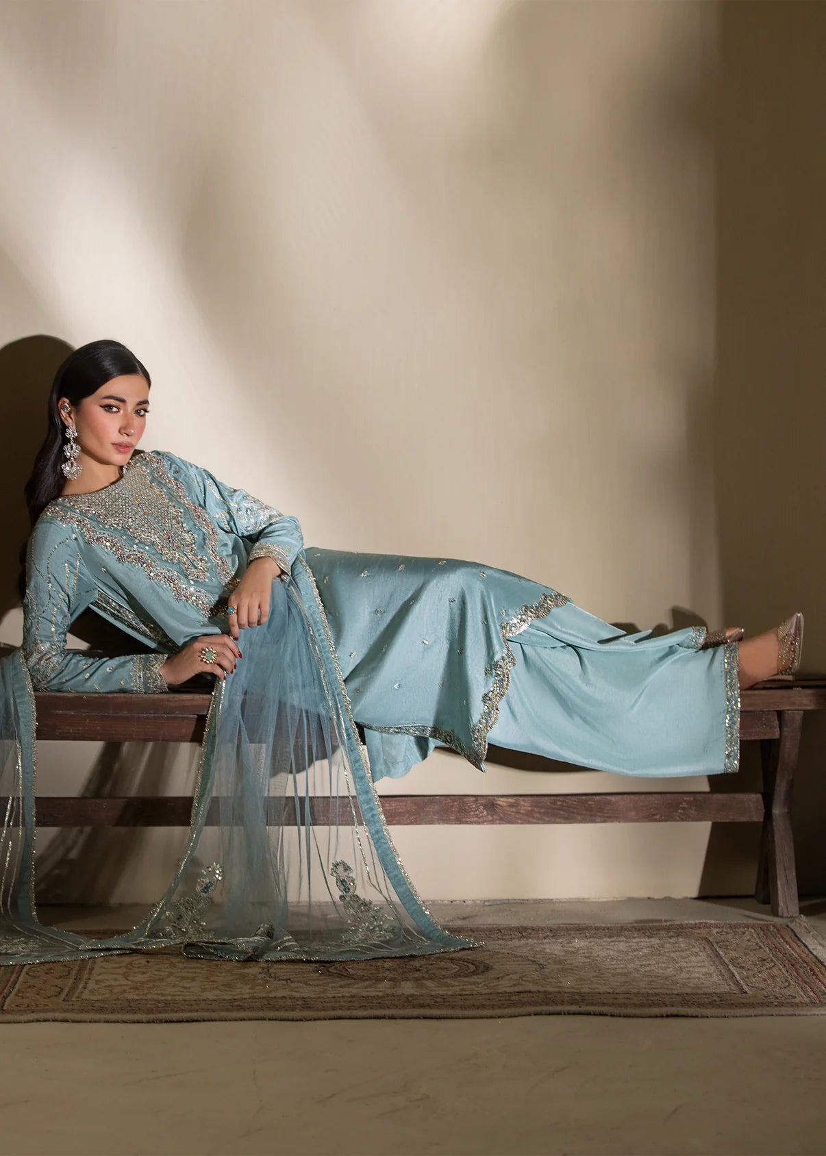 Ice Blue lue Embroidered 3-Piece Suit – KH Raw Silk Kurta, Flared Trouser & Net Dupatta