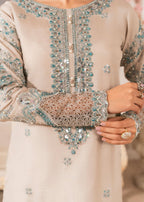 E481 Eid Collection Beige Raw Silk Long Kurta with Organza Dupatta – Heavy Adda Work 3 Piece Festive Suit