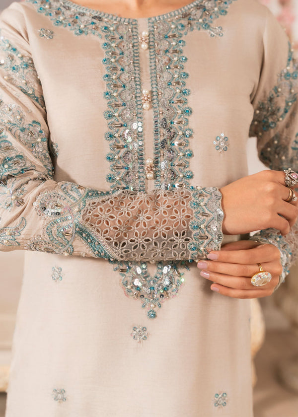 E481 Eid Collection Beige Raw Silk Long Kurta with Organza Dupatta – Heavy Adda Work 3 Piece Festive Suit