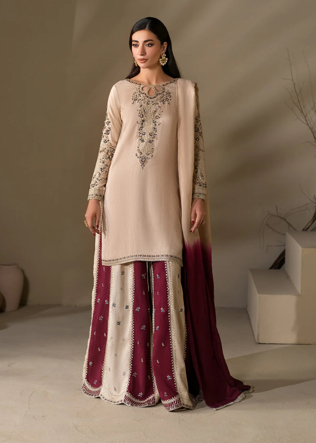 Embroidered Shirt with Two-Toned Sharara & Medium Silk Dupatta – Heavy Embroidery & Embellished 3-Piece Ensemble