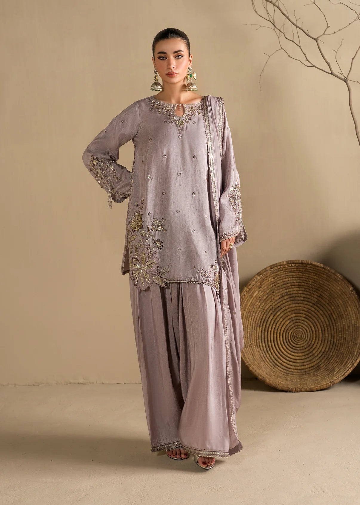 Lavender Embroidered Raw Silk Short Kurta with Farshi Shalwar & Silk Dupatta