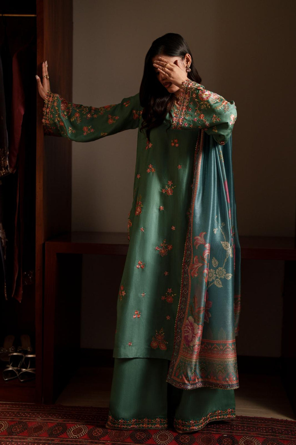 Casual Lite Luxury Festive Drop EALA Premium Silk Viscose 3 Piece Printed Dupatta Embroidered with Sequin Work and Lace for Modern Elegance
