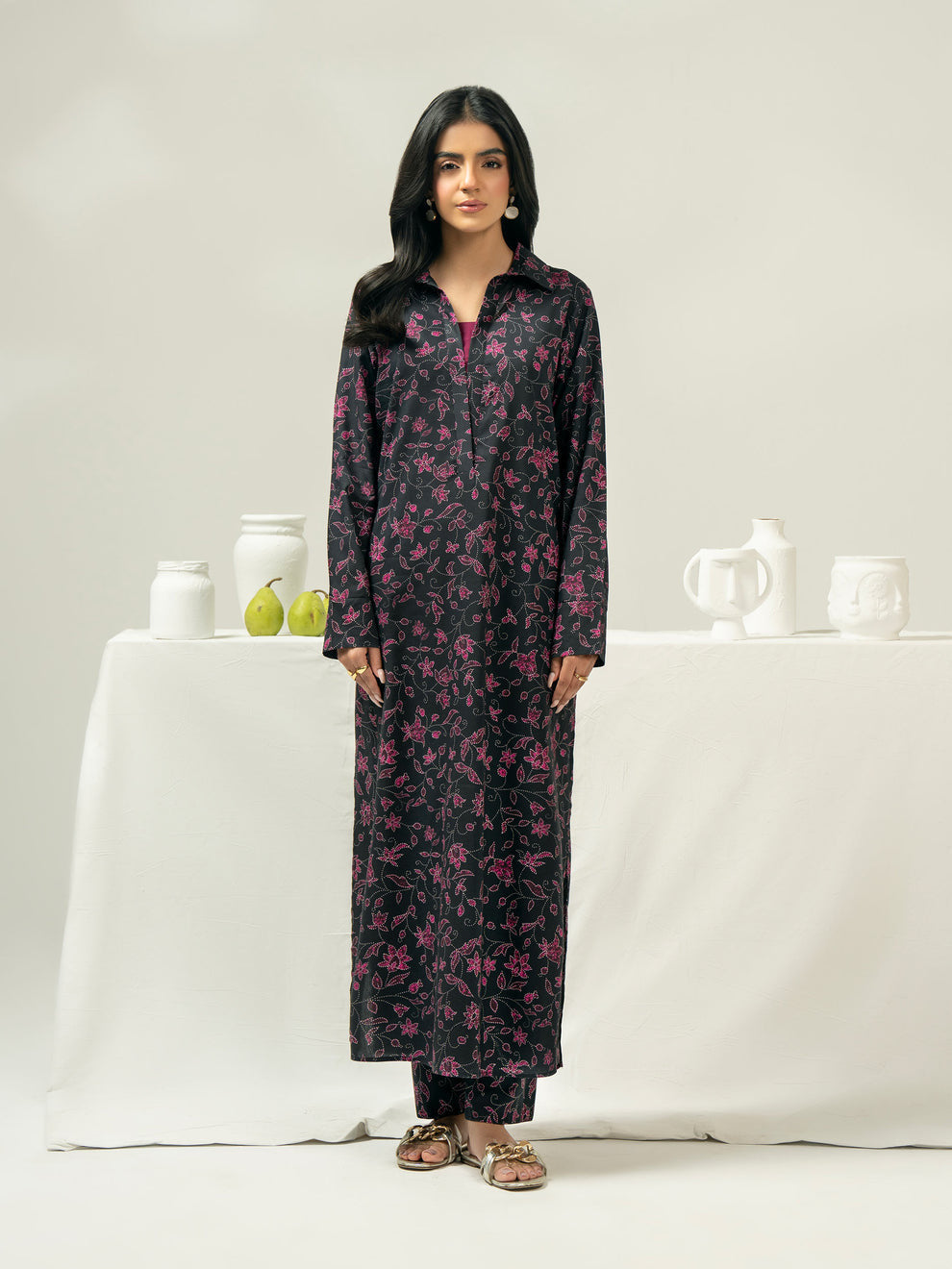 Limelight 2 Piece Set - Black Printed Viscose Cotton Shirt & Narrow-leg Trousers with Elastic Waistband