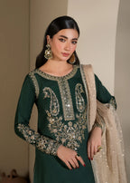 3 pc Long Kurta & Flared Trouser Set with Bindi Chiffon Dupatta – Heavy Embroidery & Embellishment Green Korean Raw Silk