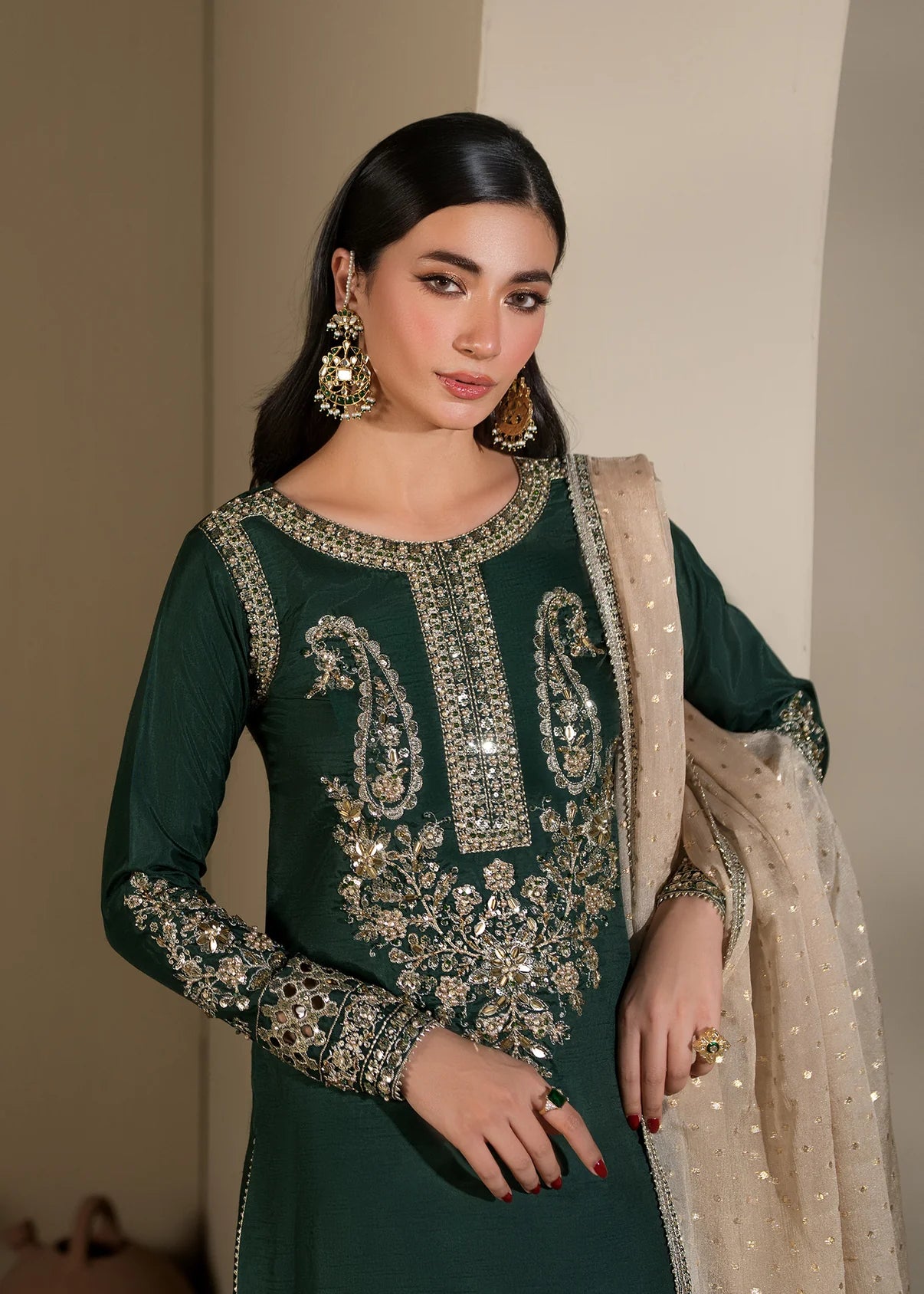 3 pc Long Kurta & Flared Trouser Set with Bindi Chiffon Dupatta – Heavy Embroidery & Embellishment Green Korean Raw Silk