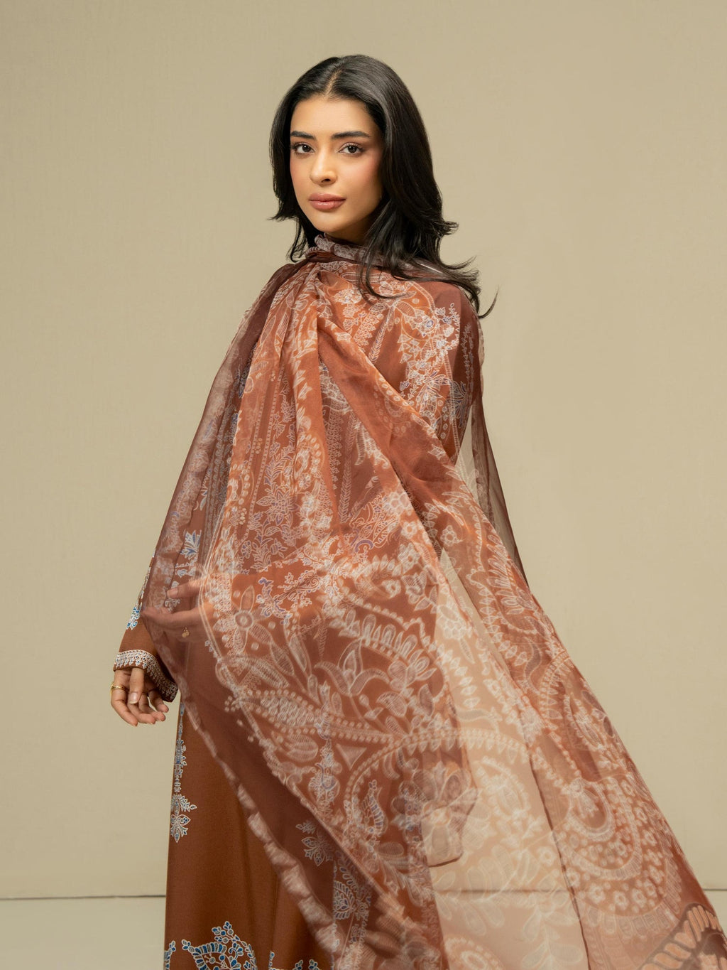 Salenmore | Limelight 3 Piece Printed Linen Suit with Chiffon Dupatta – Brown | Winter Pret Collection | Pakistani Clothing UK – Pakistani women's wear | Salwar Kameez |