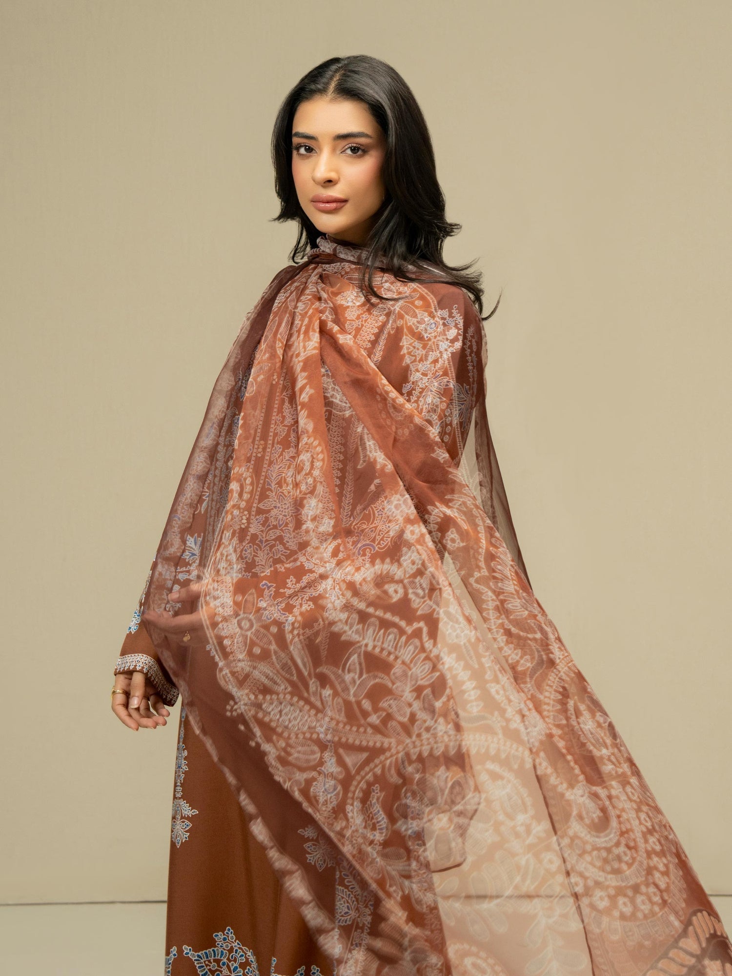Salenmore | Limelight 3 Piece Printed Linen Suit with Chiffon Dupatta – Brown | Winter Pret Collection | Pakistani Clothing UK – Pakistani women's wear | Salwar Kameez |