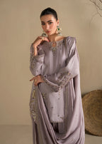 Lavender Embroidered Raw Silk Short Kurta with Farshi Shalwar & Silk Dupatta