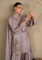 Lavender Embroidered Raw Silk Short Kurta with Farshi Shalwar & Silk Dupatta