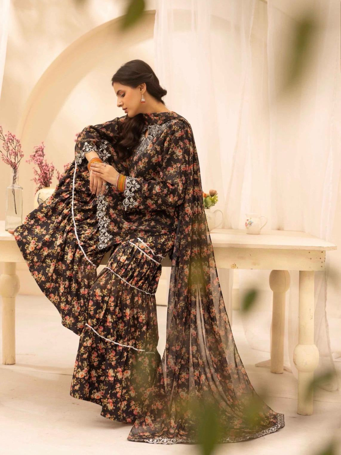 Simrans Baroque inspired Chiffon Embroidered Pakistani Suit - Elegant Floral Print & Festive Eid Wear for Women, Lightweight & Comfortable