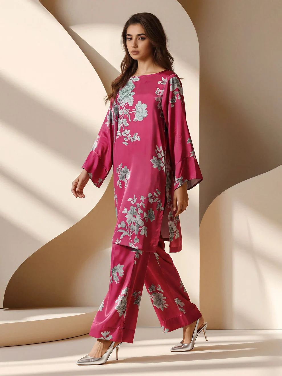 Limelight Pink Floral Printed Silk Embroidered 2-Piece Suit