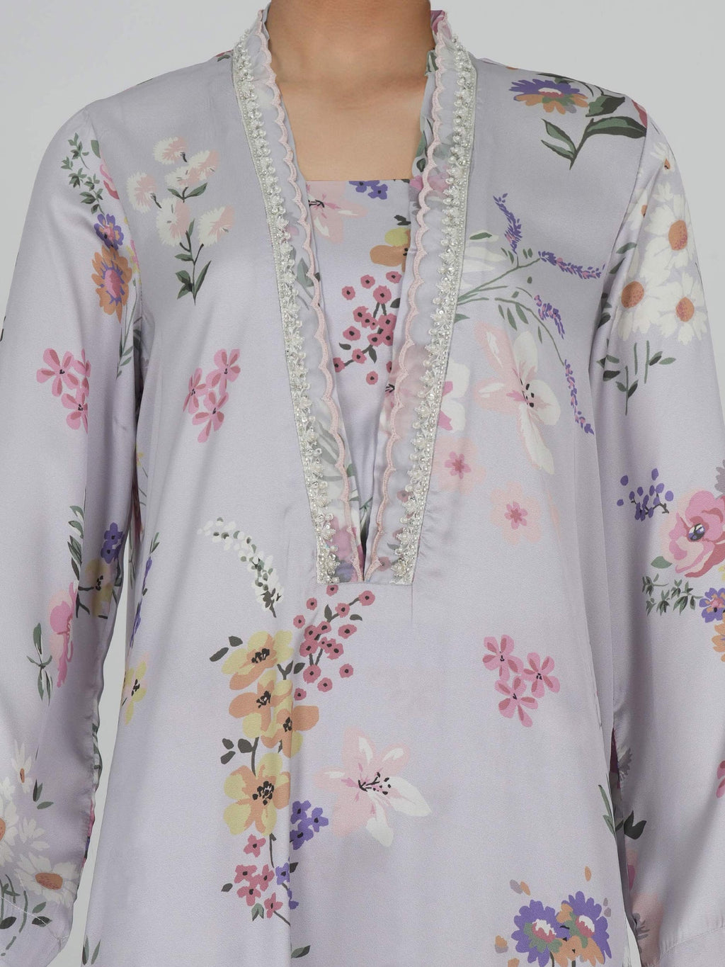Limelight Lilac Printed Silk 2-Piece Suit with Embroidered Neckline