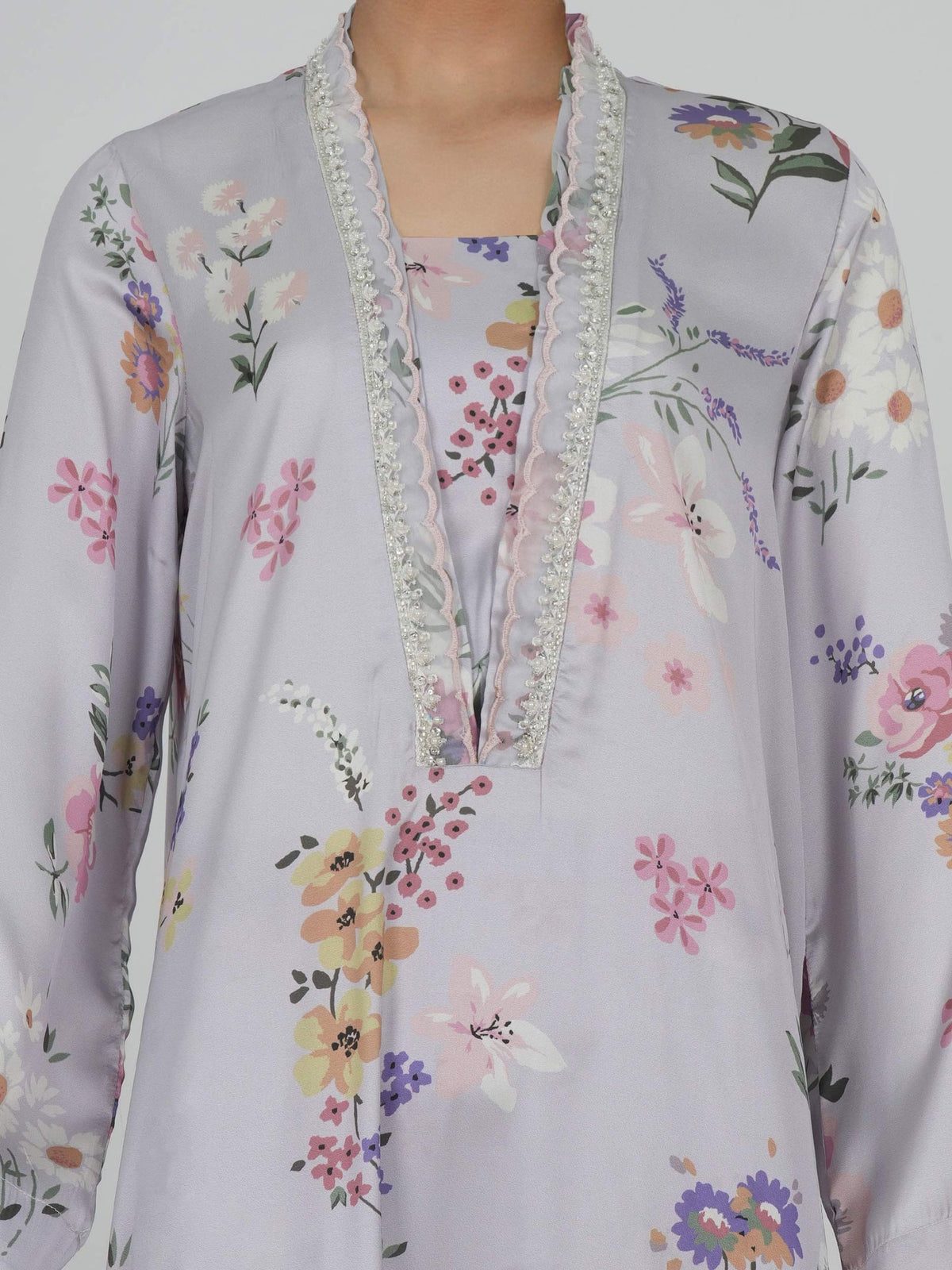 Limelight Lilac Printed Silk 2-Piece Suit with Embroidered Neckline