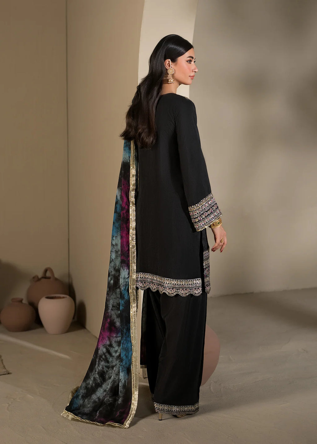 3 piece Black Short Shirt & Farshi Shalwar with Tie-Dye Medium Silk Dupatta – Heavy Embroidery & Embellished Ensemble