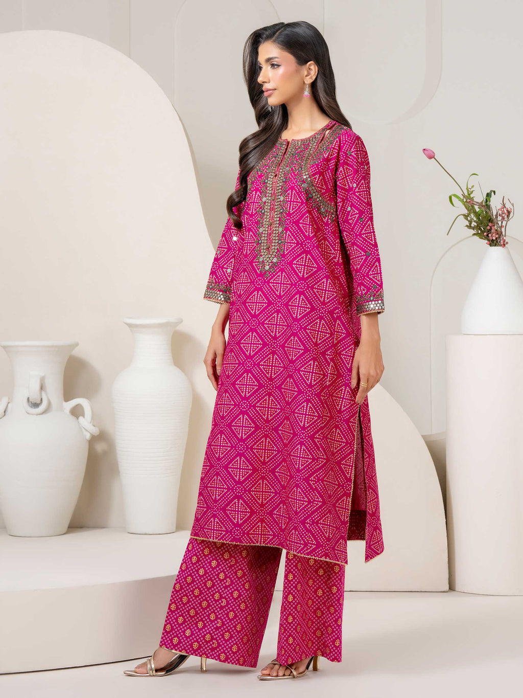 Limelight 2 Piece Embroidered Paste-print Shirt & Pink Cambric Wide-leg Trousers Set - Lace Womenswear