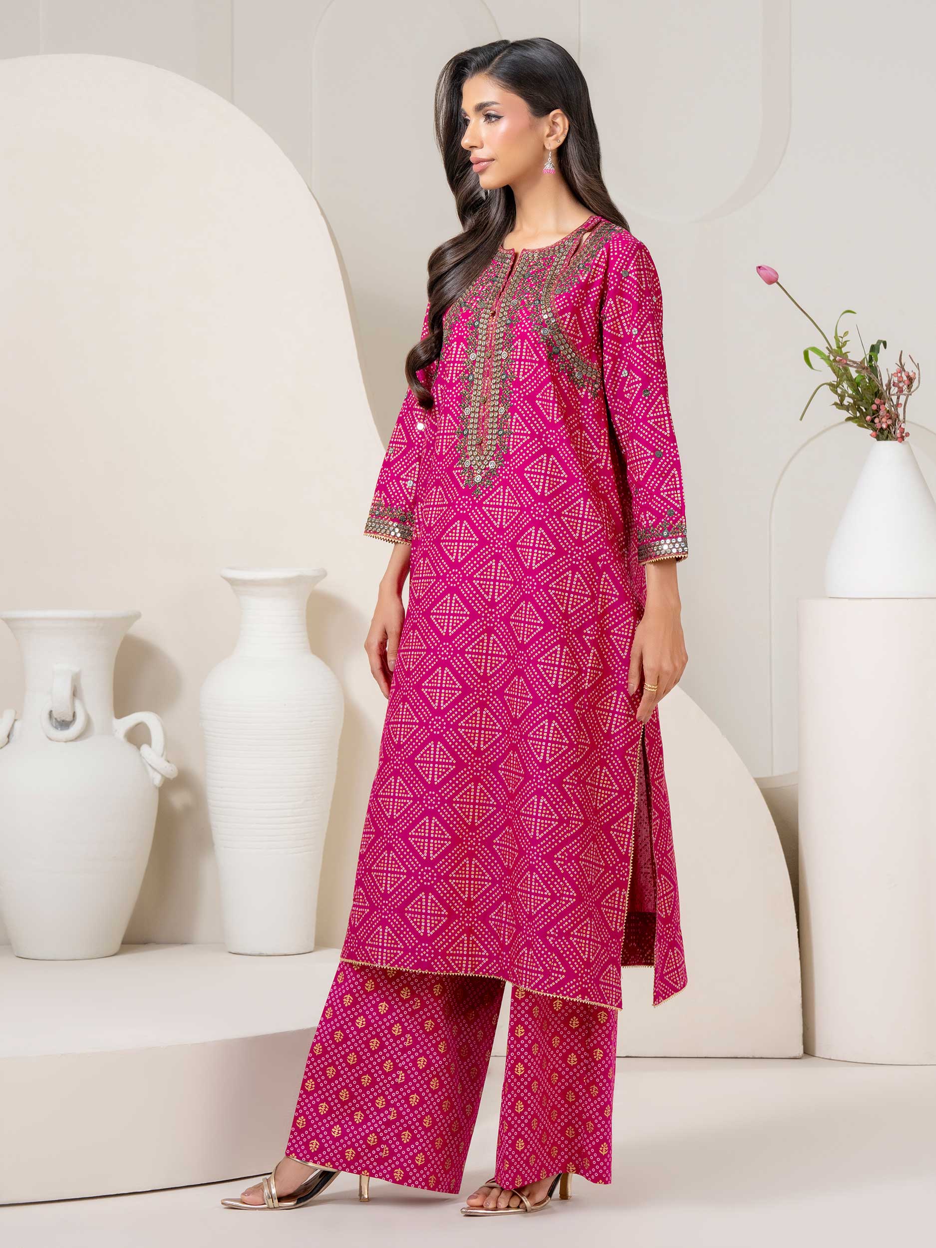 Limelight 2 Piece Embroidered Paste-print Shirt & Pink Cambric Wide-leg Trousers Set - Lace Womenswear