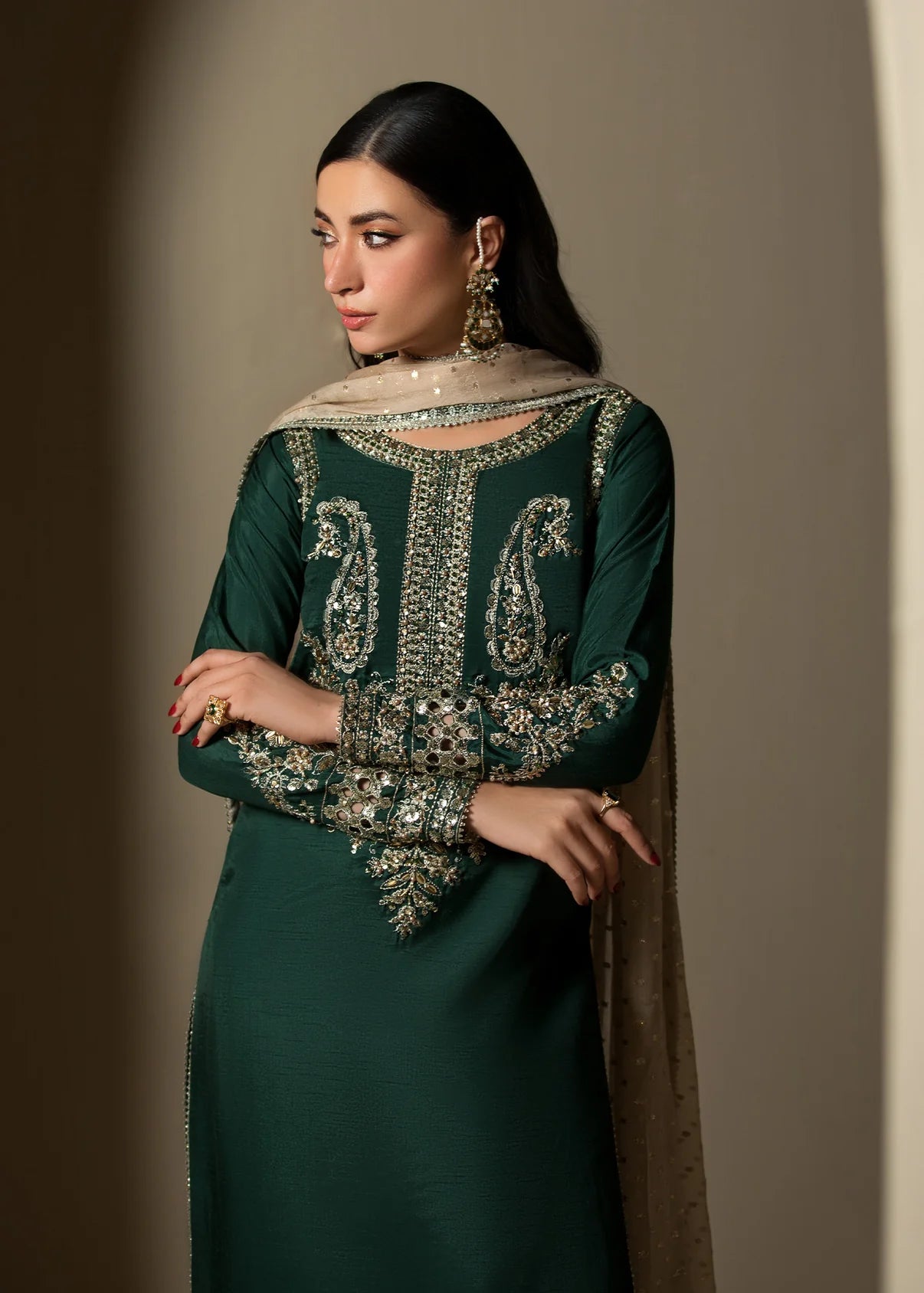 3 pc Long Kurta & Flared Trouser Set with Bindi Chiffon Dupatta – Heavy Embroidery & Embellishment Green Korean Raw Silk