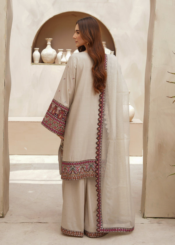 Beige Embroidered 3 Piece Lawn Suit with Trouser  & Organza Dupatta