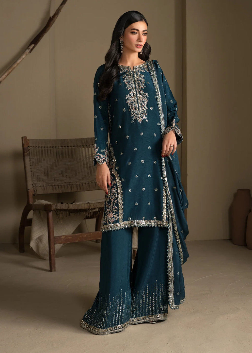 Embroidered Shirt with Flared Trousers & Silk Dupatta – Heavy Embroidery & Embellished 3-Piece Ensemble