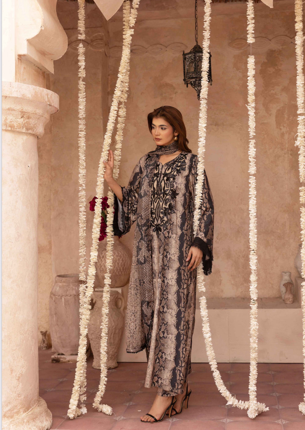 Simrans Maria B Kaftan Style Inspired Viscose Silk 3-Piece Suit – Beige & Black Printed Outfit with Embroidered Neckline
