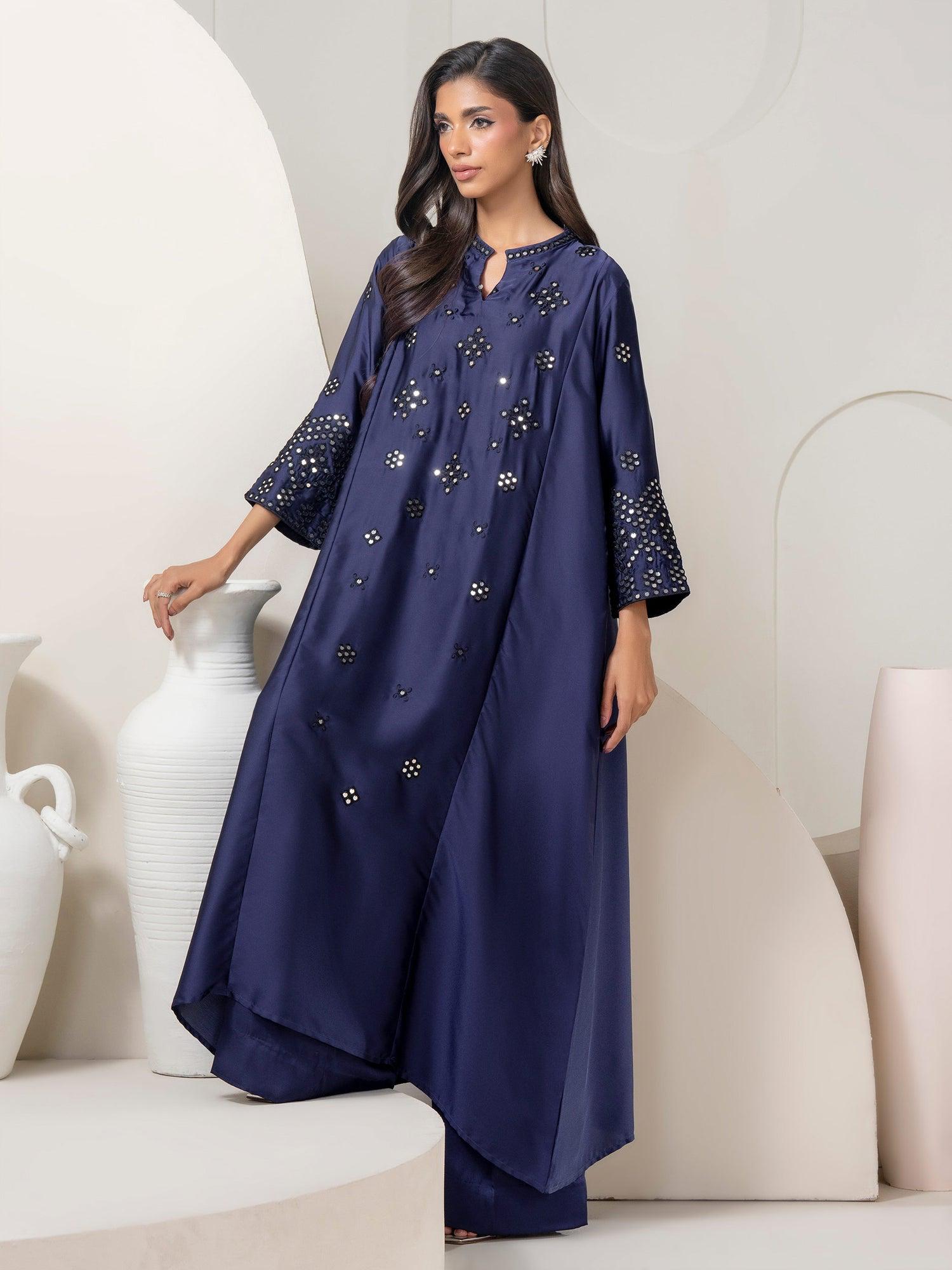Limelight 2 Piece Set Sky Blue Silk Shirt with Flowy Collared V-neck & Wide-leg Trousers with Elastic Waistband Womenswear - Printed