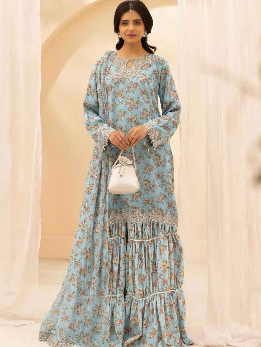 Simrans Baroque Chiffon Sky Blue Embroidered Pakistani Suit - Elegant Floral Print & Festive Eid Wear for Women, Lightweight & Comfortable