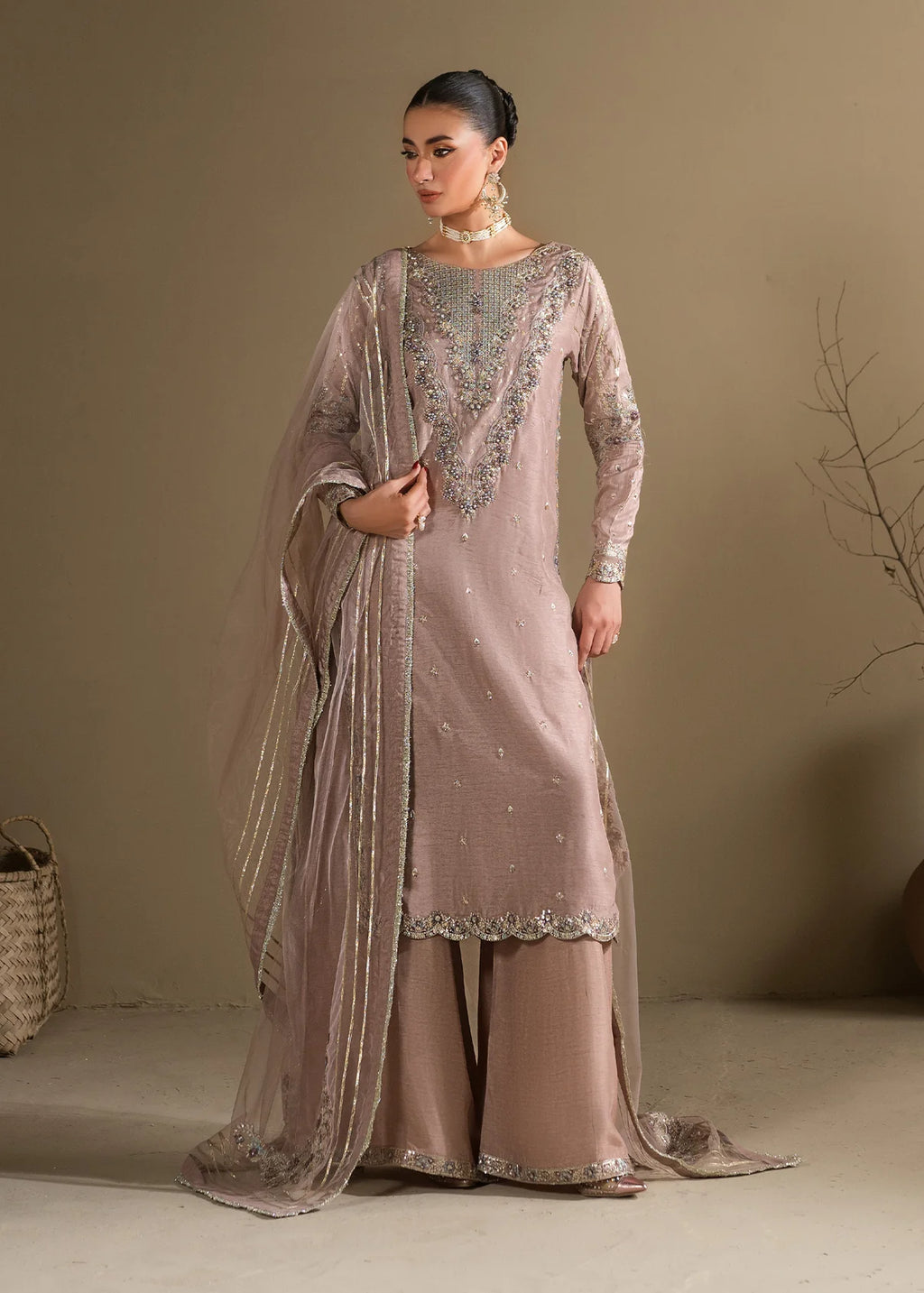 Lilac Embroidered 3-Piece Suit – KH Raw Silk Kurta, Flared Trouser & Net Dupatta