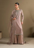 Lilac Embroidered 3-Piece Suit – KH Raw Silk Kurta, Flared Trouser & Net Dupatta