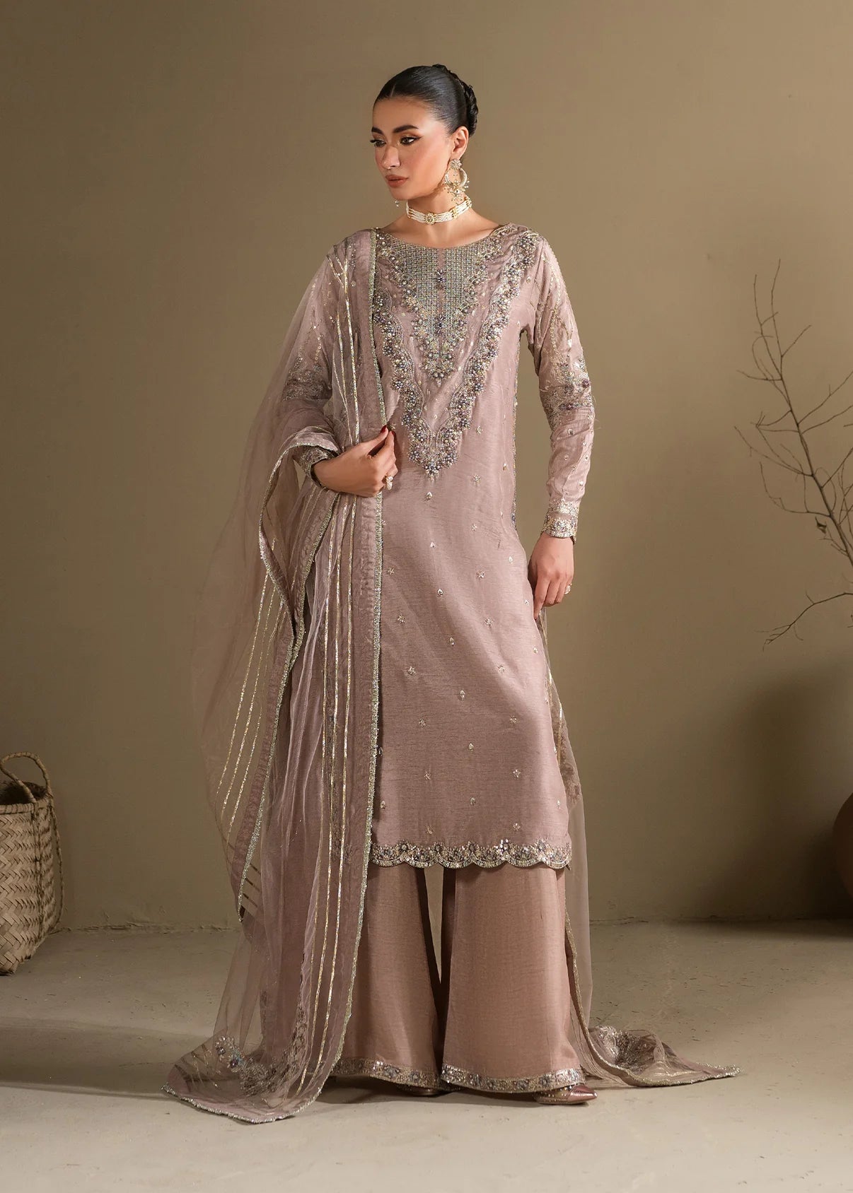 Lilac Embroidered 3-Piece Suit – KH Raw Silk Kurta, Flared Trouser & Net Dupatta