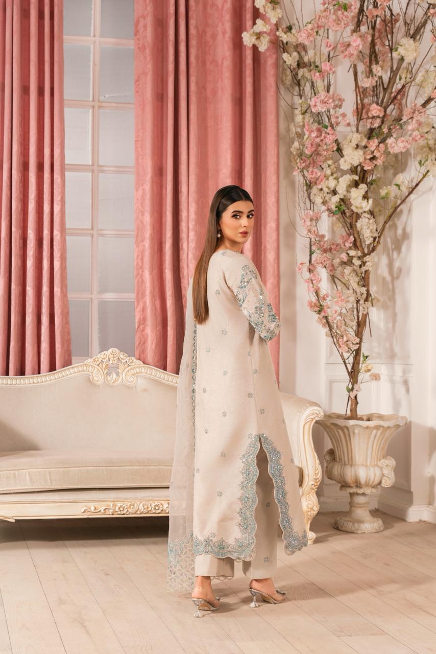 E481 Eid Collection Beige Raw Silk Long Kurta with Organza Dupatta – Heavy Adda Work 3 Piece Festive Suit