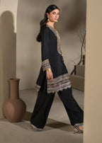 3 piece Black Short Shirt & Farshi Shalwar with Tie-Dye Medium Silk Dupatta – Heavy Embroidery & Embellished Ensemble