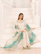 Ivory Embroidered Raw Silk Kurta Set with Farshi Shalwar & Organza Dupatta – 3 Piece Eastern Wear
