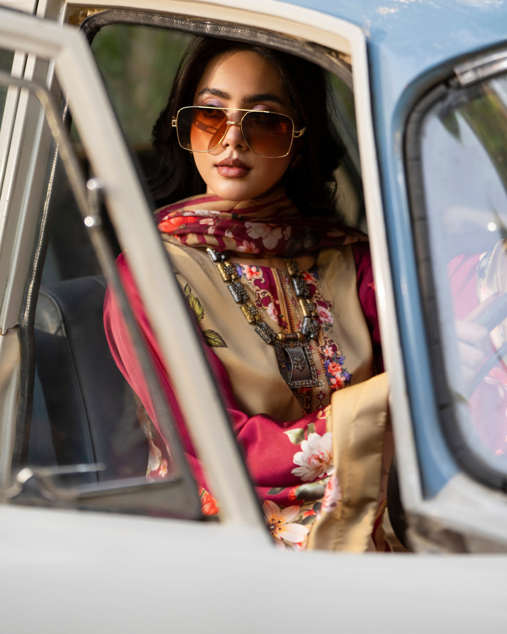 Karma 3 piece Kaftan Beige & Maroon Printed Silk 3PC Suit – Elegant Long Shirt with Dupatta & Trouser Inner included