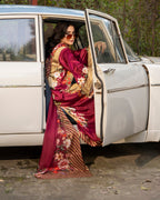 Karma 3 piece Kaftan Beige & Maroon Printed Silk 3PC Suit – Elegant Long Shirt with Dupatta & Trouser Inner included