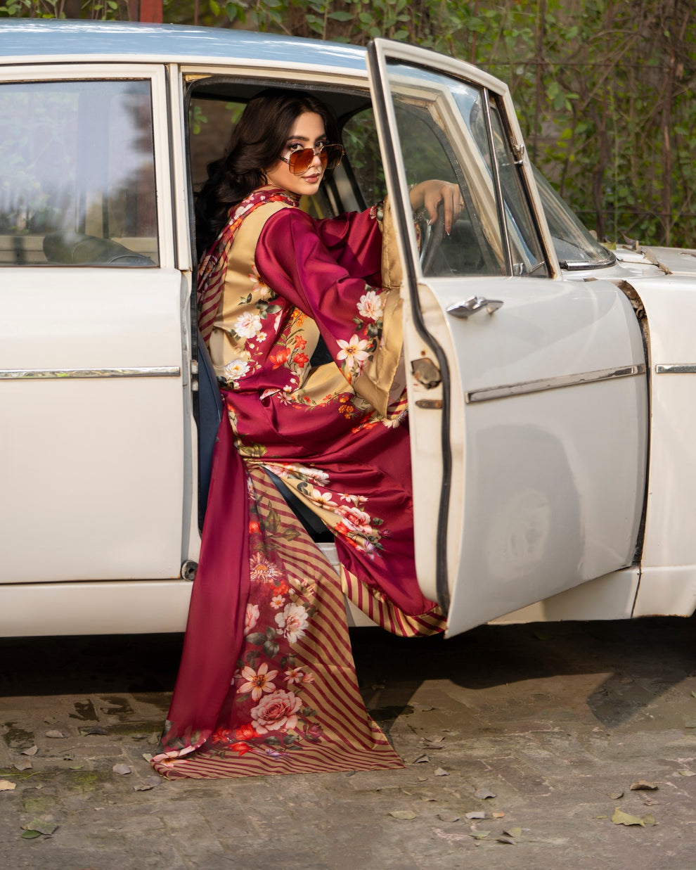 Karma 3 piece Kaftan Beige & Maroon Printed Silk 3PC Suit – Elegant Long Shirt with Dupatta & Trouser Inner included