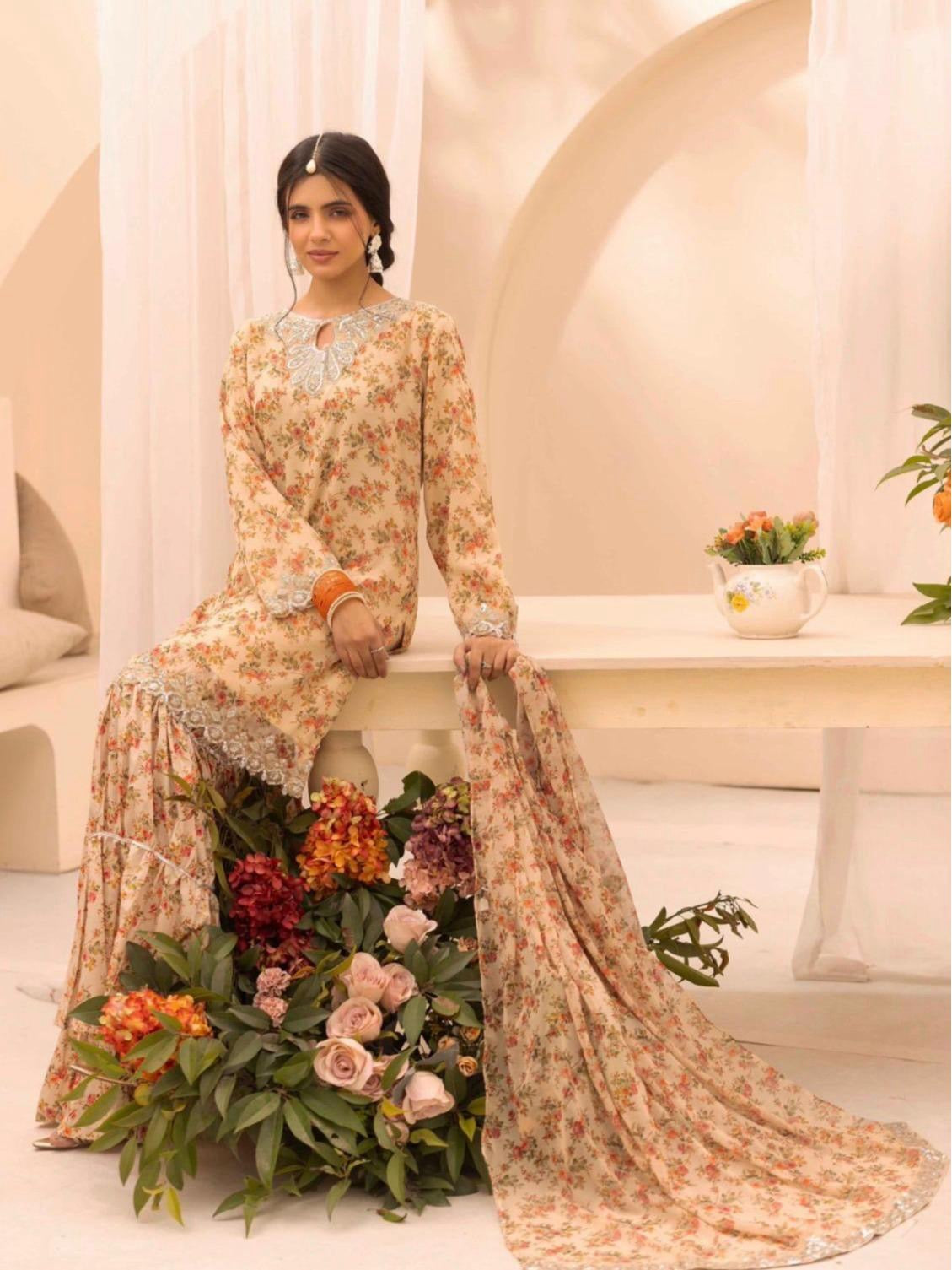 Simrans Baroque inspired Chiffon Embroidered Pakistani Suit - Elegant Floral Print & Festive Eid Wear for Women, Lightweight & Comfortable